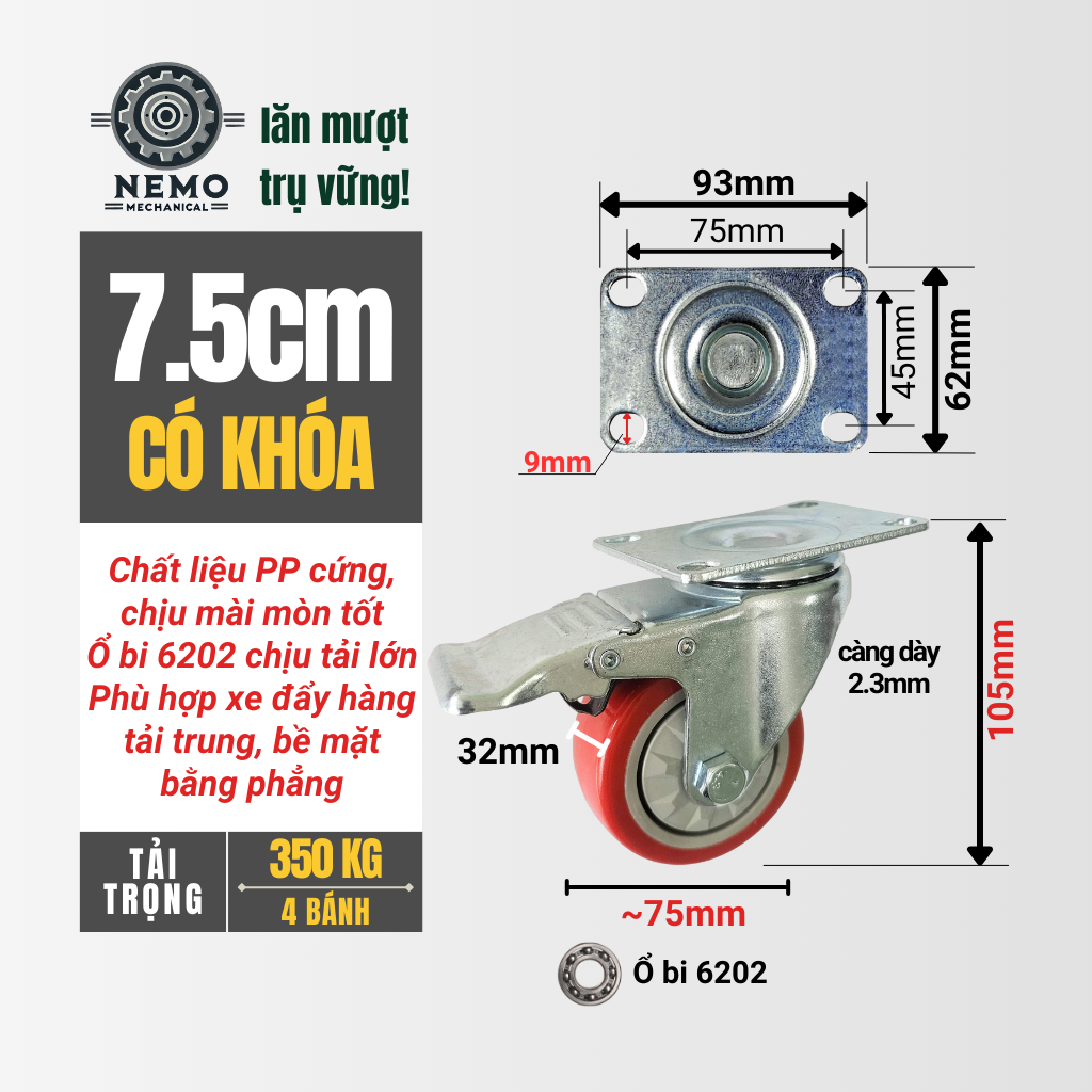 Bánh Xe PP Đỏ Cao Cấp – Nhựa Kỹ Thuật, Ổ Bi 6202 Chịu Tải (D75, D100)